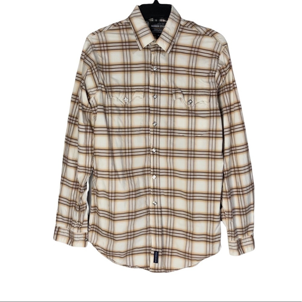 Rough‎ Stock Panhandle Slim Tan White Plaid Button Down Shirt Size Medium